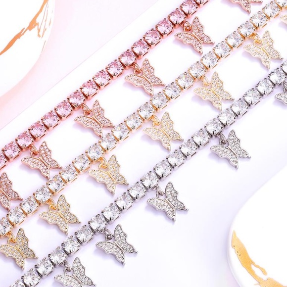 CZ Pink Tennis Chain Baby Butterfly Charmed Choker - Picture 6 of 8